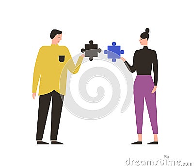 Cartoon male and female with mismatch puzzle vector flat illustration. People assembling wrong jigsaw isolated on white Vector Illustration