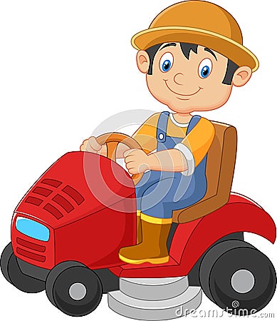 Cartoon male gardener riding mowing with ride-on lawn mower Vector Illustration