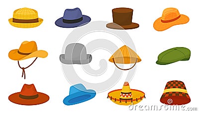 Cartoon male hats. Isolated gentleman hat, vintage and trendy stylish head accessories. Fabric and straw caps, cylinder Vector Illustration