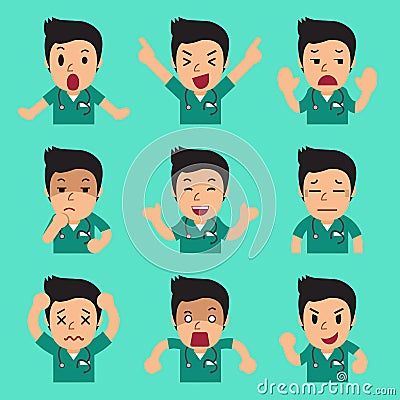 Cartoon male nurse faces showing different emotions Vector Illustration