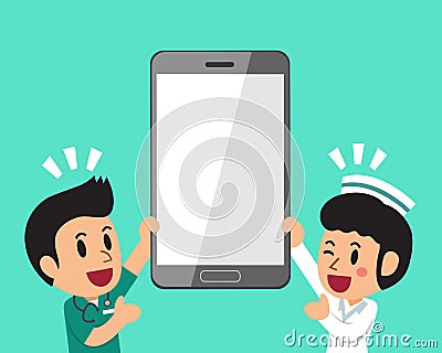 Cartoon male nurse and female nurse with smartphone Vector Illustration