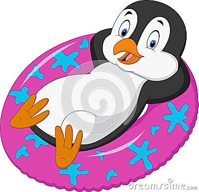 Cartoon male penguin relaxing on inflatable ring Vector Illustration