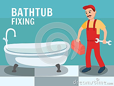 Cartoon Male Plumber with Wrench Tool at Bathroom Vector Illustration