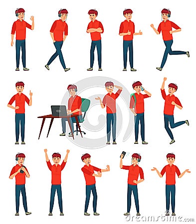 Cartoon male teenager character. Teenage boy in different poses and actions vector illustration set Vector Illustration