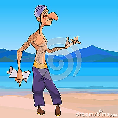 Cartoon male yogi walks along the seashore and composes Vector Illustration