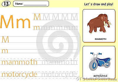 Cartoon mammoth and motorcycle. Alphabet tracing worksheet Vector Illustration