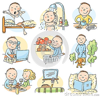 Cartoon man daily activities Vector Illustration