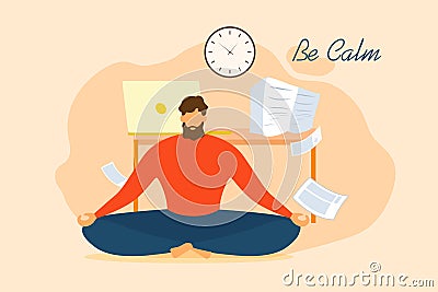 Cartoon Man Be Calm Meditate Office Stress Relief Vector Illustration