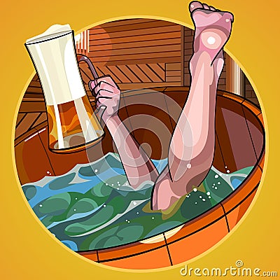 Cartoon man with a beer in hand dives into the bath Vector Illustration