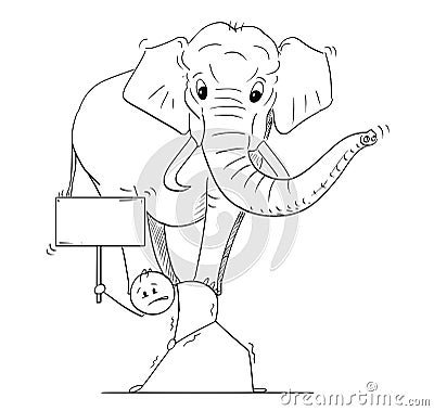 Cartoon of Man or Businessman Carrying Elephant on His Back and Holding Empty Sign Vector Illustration