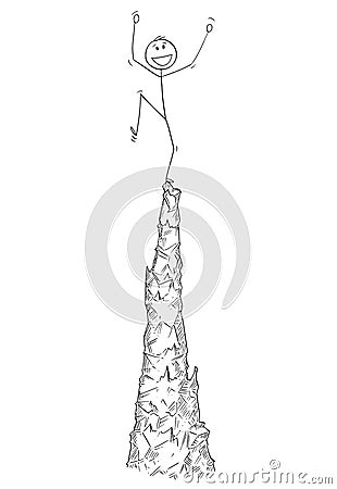 Cartoon of Man or Businessman Celebrating the Success on the Top of the Crag or Mountain Vector Illustration