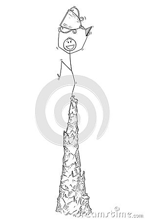 Cartoon of Man or Businessman Celebrating the Success on the Top of the Crag or Mountain Vector Illustration