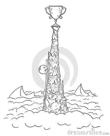 Cartoon of Man or Businessman Climbing and Toiling on The Top of The Crag for Success Vector Illustration