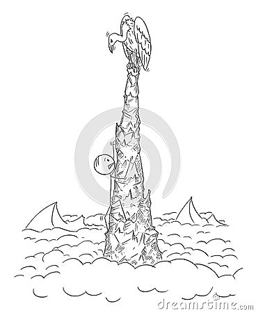 Cartoon of Man or Businessman Climbing and Toiling on The Top of The Crag to Find Nothing Just Vulture Waiting for His Vector Illustration