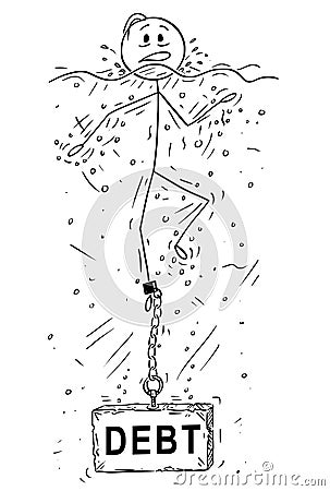 Cartoon of Man or Businessman Drowning With Debt Stone or Concrete Weight Chained to His Leg Vector Illustration