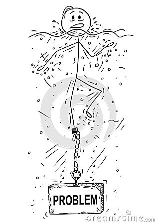 Cartoon of Man or Businessman Drowning With Problem Stone or Concrete Weight Chained to His Leg Vector Illustration