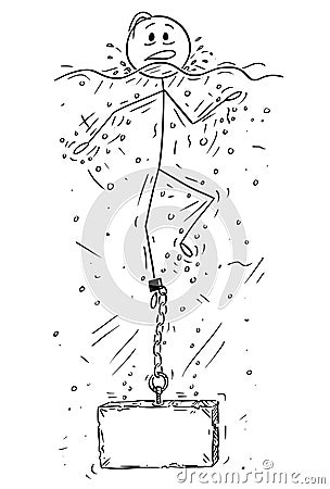 Cartoon of Man or Businessman Drowning With Stone or Concrete Weight Chained to His Leg Vector Illustration