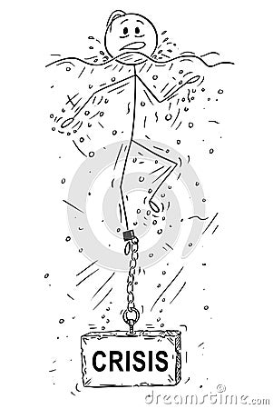 Cartoon of Man or Businessman Drowning With Stone or Concrete Weight With Crisis Text Chained to His Leg Vector Illustration