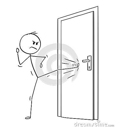 Cartoon of Man or Businessman Kicking the Locked Door Vector Illustration