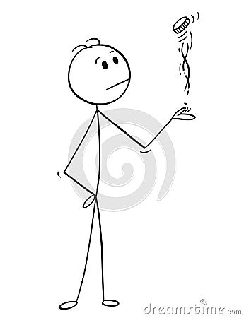 Cartoon of Man or Businessman Making Decision by Flipping a Coin Vector Illustration