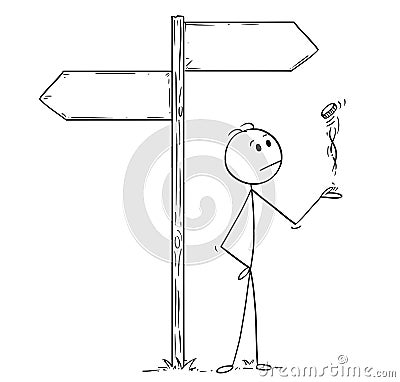 Cartoon of Man or Businessman Making Decision by Flipping a Coin Under Empty Arrows Vector Illustration