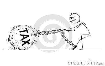 Cartoon of Man or Businessman Pulling Big Iron Ball With Tax Text Chained to His Leg Vector Illustration