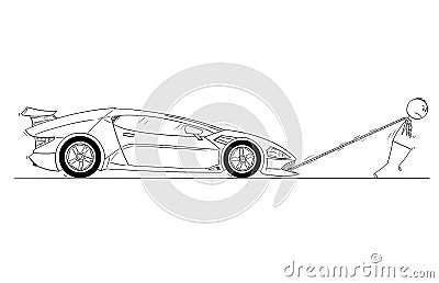 Cartoon of Man or Businessman Pulling Broken or Out of Gas Expensive Luxurious Sport Car Vector Illustration