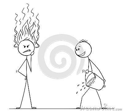 Cartoon of Man or Businessman Thinking Hard With Flames Coming From Head, Another Man With Bucket of Water is Ready to Vector Illustration