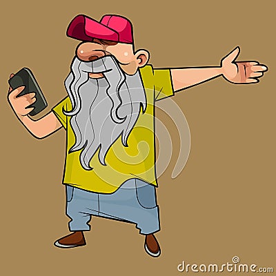 Cartoon man in a cap and with a long gray beard looks at the phone pointing to the side Vector Illustration