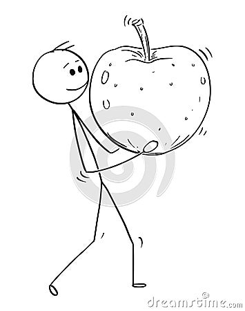 Cartoon of Man Carrying Big Ripe Apple Fruit Vector Illustration