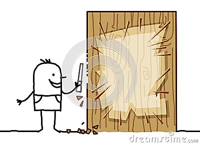 Cartoon Man Carving a Wood Blank Board Vector Illustration