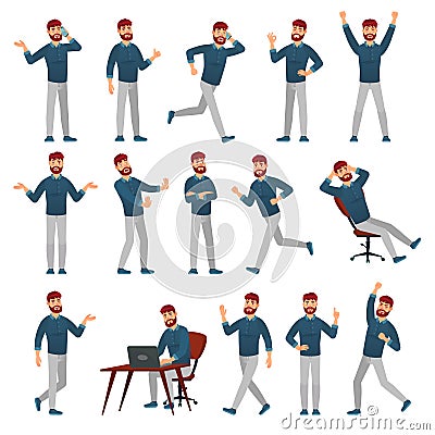 Cartoon man in casual outfit. Male character in different poses, walking guy and standing man vector illustration set Vector Illustration