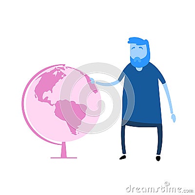 Cartoon man character stands next to the globe. Teacher`s day. Cartoon design icon. Colorful flat vector illustration Vector Illustration