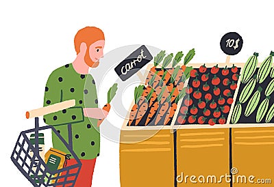 Cartoon man choosing vegetable at shop vector flat illustration. Colorful male buyer at grocery store produce section Vector Illustration