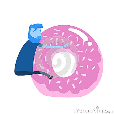 Cartoon man clinging on to giant donut. Unhealthy lifestyle, poor food choice. Cartoon design icon. Colorful flat vector Vector Illustration