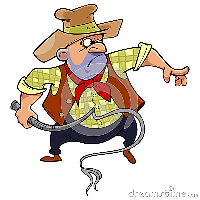 Cartoon man in a cowboy hat brandishing a whip Vector Illustration