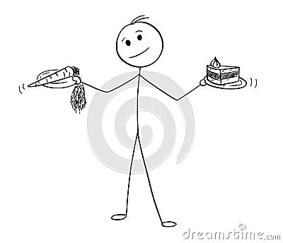 Cartoon of Man Deciding with Healthy and Unhealthy Food in Hands Vector Illustration