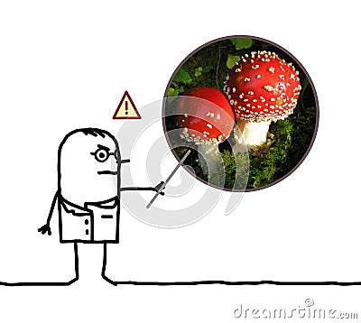 Cartoon man doctor warning dangers of mushroom Amanita Cartoon Illustration