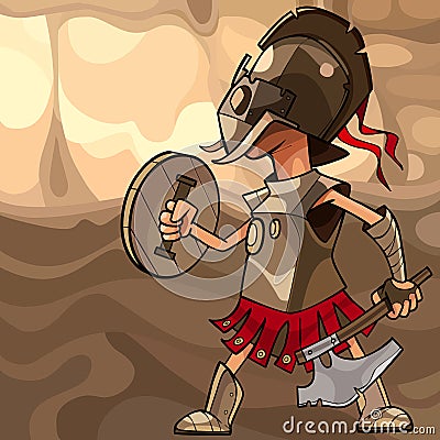 Cartoon man dressed as a medieval warrior with an axe and a shield Vector Illustration