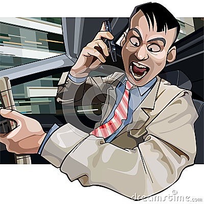 Cartoon man driving aggressively yells into the phone Vector Illustration