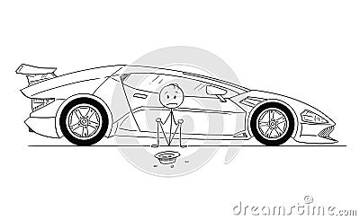 Cartoon of Man, Expensive Sport Car Owner, Sitting and Begging for Gas Money Vector Illustration