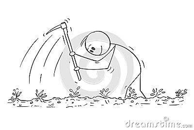 Cartoon of Man or Farmer Enjoying Working Hard With Hoe on the Field Vector Illustration