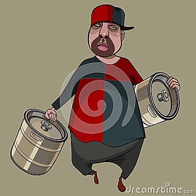 Cartoon man fat man dragging two big metal kegs Vector Illustration