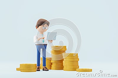 Cartoon man freelancer with laptop standing near stacks of dollar coins Stock Photo