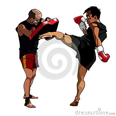 Cartoon man fulfills kick paired with a man who keeps paws boxing Vector Illustration