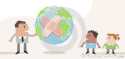 Cartoon man giving a sick planet to his children Vector Illustration