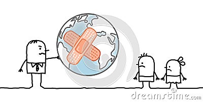 Cartoon man giving a sick planet to his children Vector Illustration