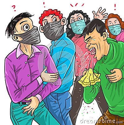 Cartoon about a man got cough in the crowd people Vector Illustration