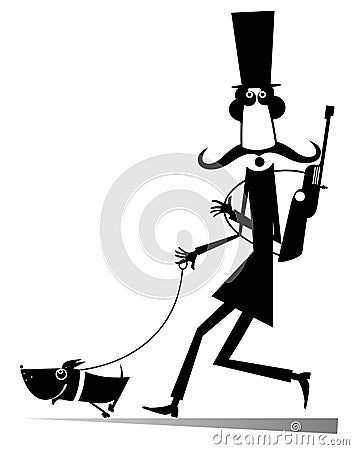 Cartoon man with a gun and the dog goes hunting illustration Vector Illustration