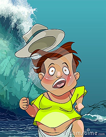 Cartoon man with a hat runs from the giant tsunami waves Vector Illustration